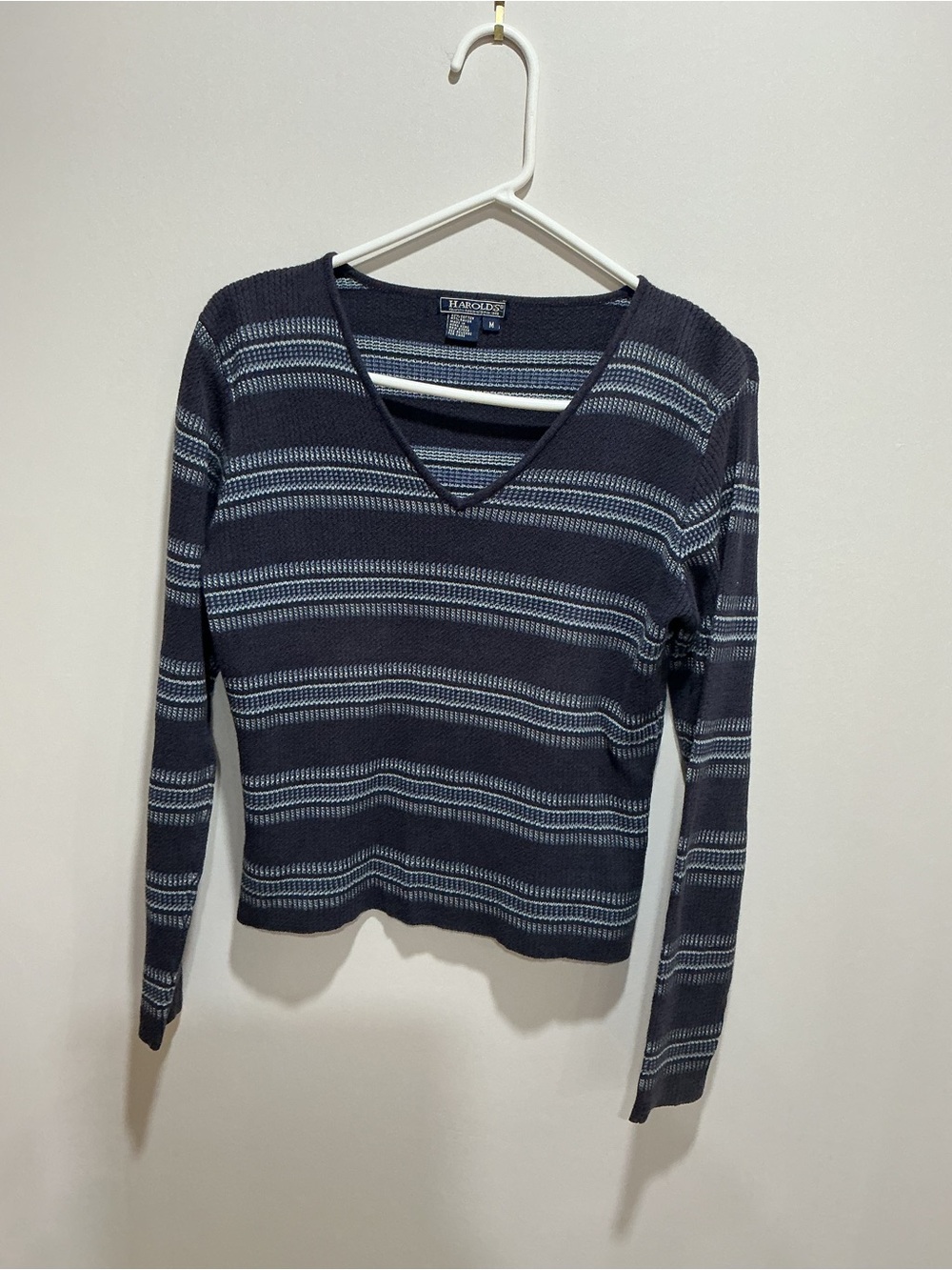 Vintage Harolds V-neck, striped blue sweater, size medium